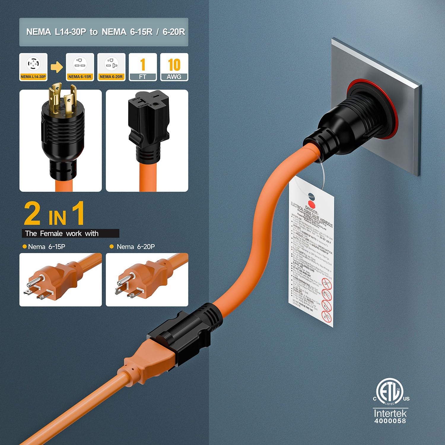 1FT Nema L14-30P 30Amp Locking Plug Male to 6-20R T-Blade Adapter, STW 10-AWG 30A 4-Prong 250V to 3 20A 250V 6-20/15R Adapter, L14-30 to 6-20 Adapter - Image 8
