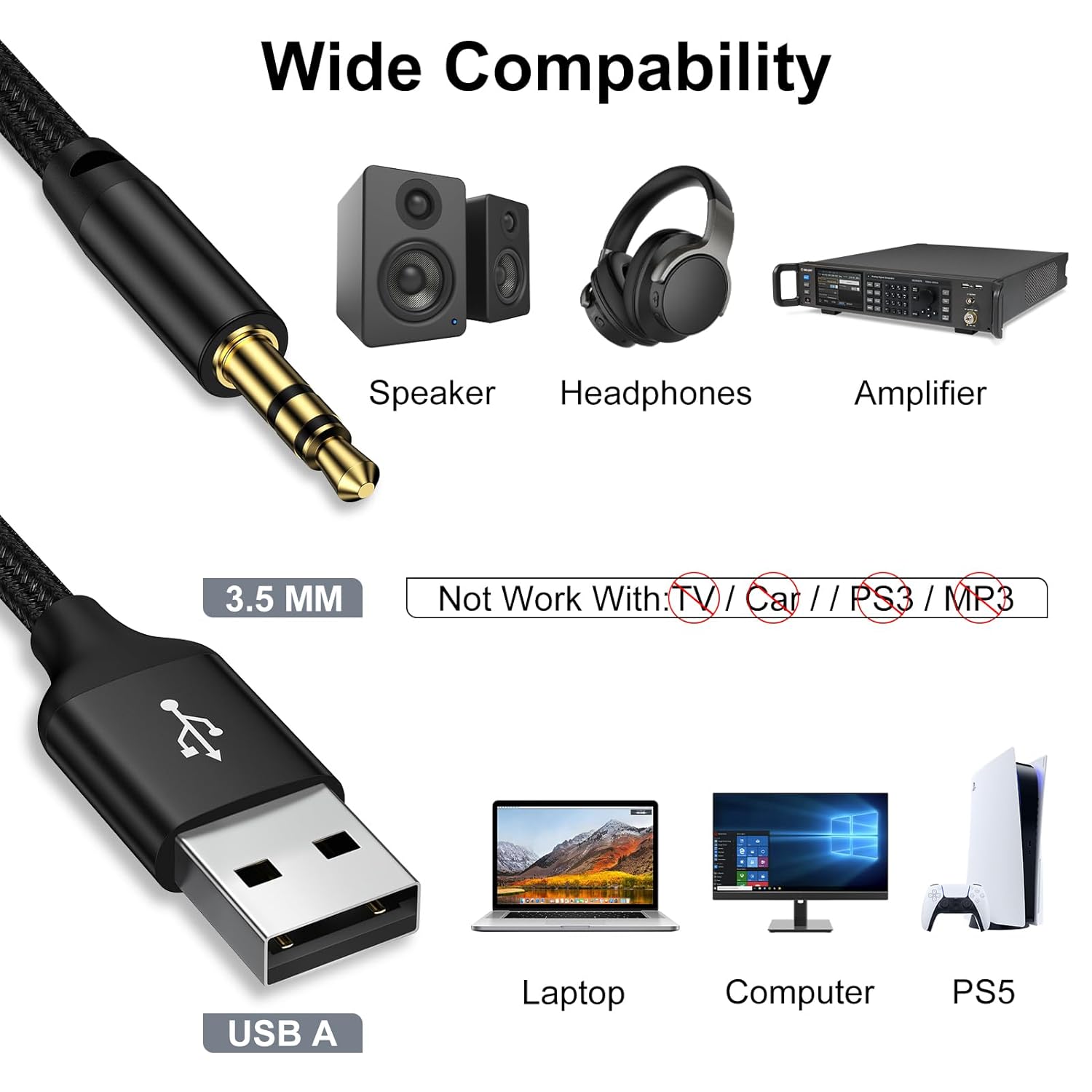 USB to 3.5mm Audio Aux Cable, 3FT USB to 3.5mm Aux Jack Audio Adapter for Headphone, TRS Sterso Speaker, DVD Player, PS5, PC, Laptop, Nylon Braided USBA to AUX Male Jack TRS Converter Stereo Cord - Image 2