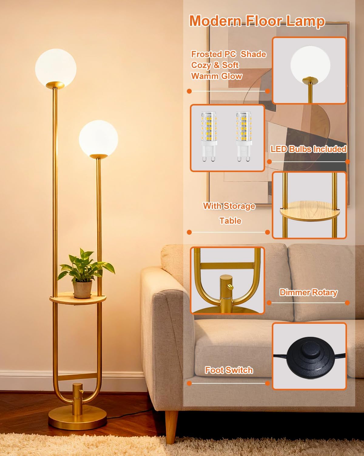 Lightdot 63IN Gold Floor Lamp with U Pole, 2 Globe Mid Century Standing Lamps with Warm White LED Bulbs, Unique Vintage Tall Floor Lamp for Living Room/Wedding/Party - Image 5