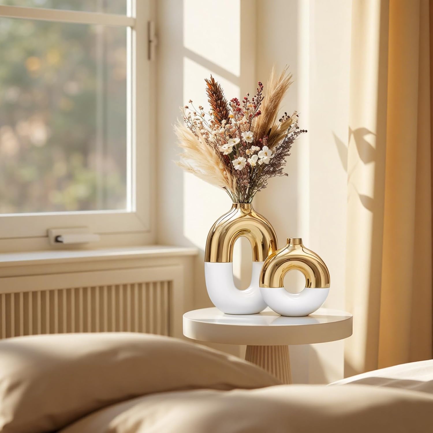 White and Gold Ceramic Vase Home Decor,Mid Century Modern Centerpiece Table Decorations,Oval and Round Flower vases with Hole for Pampas Grass,Bookshelf,Fireplace Mantle,Farmhouse,Rustic Décor - Image 5