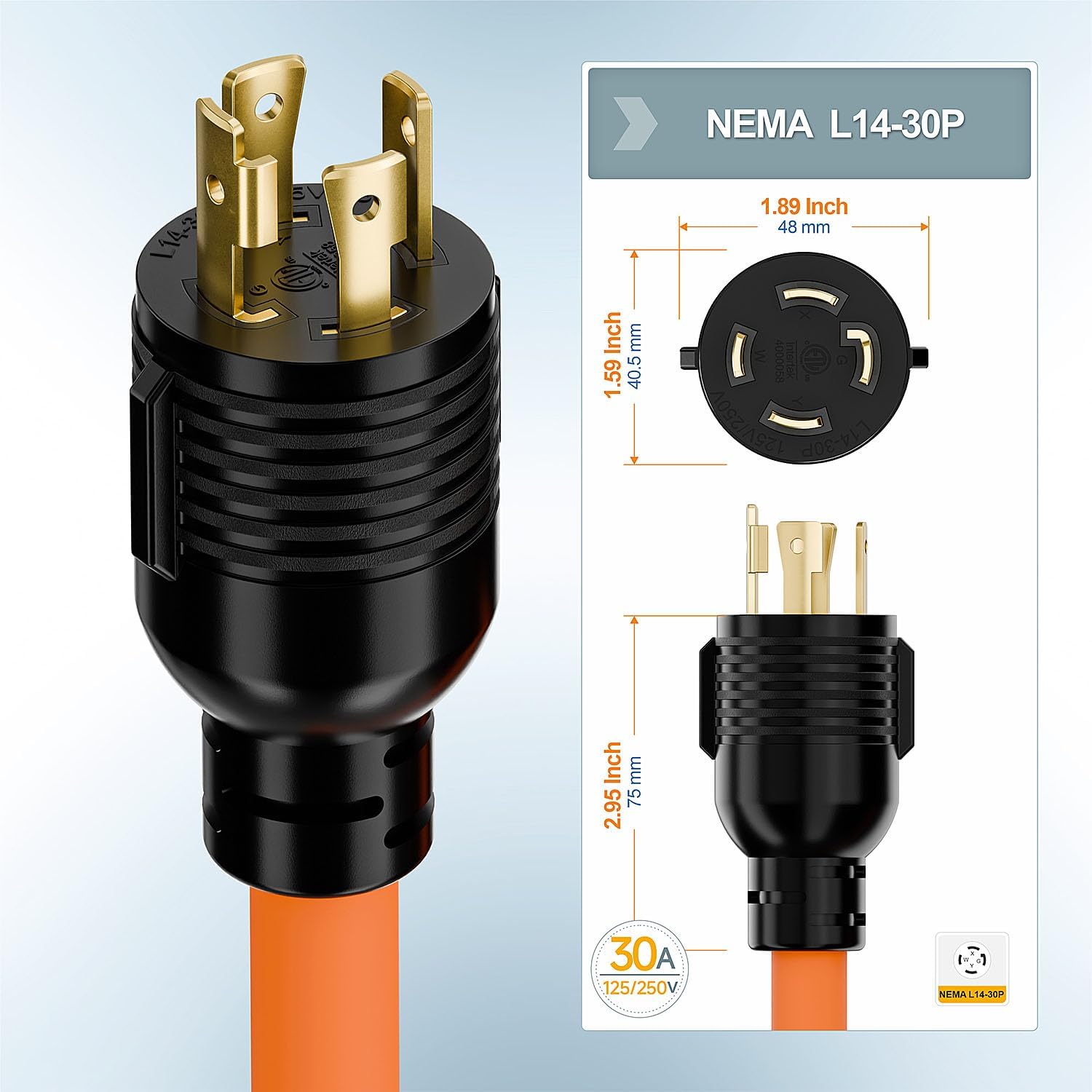 1FT Nema L14-30P 30Amp Locking Plug Male to 6-20R T-Blade Adapter, STW 10-AWG 30A 4-Prong 250V to 3 20A 250V 6-20/15R Adapter, L14-30 to 6-20 Adapter - Image 4