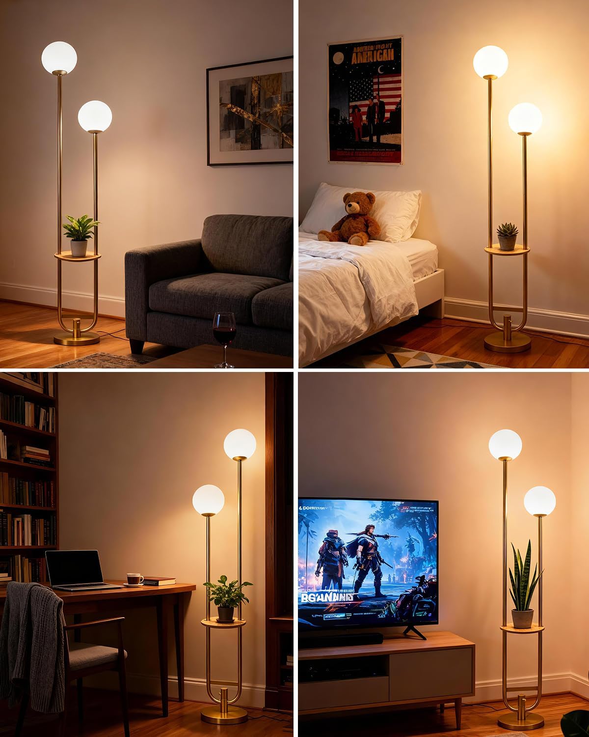 Lightdot 63IN Gold Floor Lamp with U Pole, 2 Globe Mid Century Standing Lamps with Warm White LED Bulbs, Unique Vintage Tall Floor Lamp for Living Room/Wedding/Party - Image 2