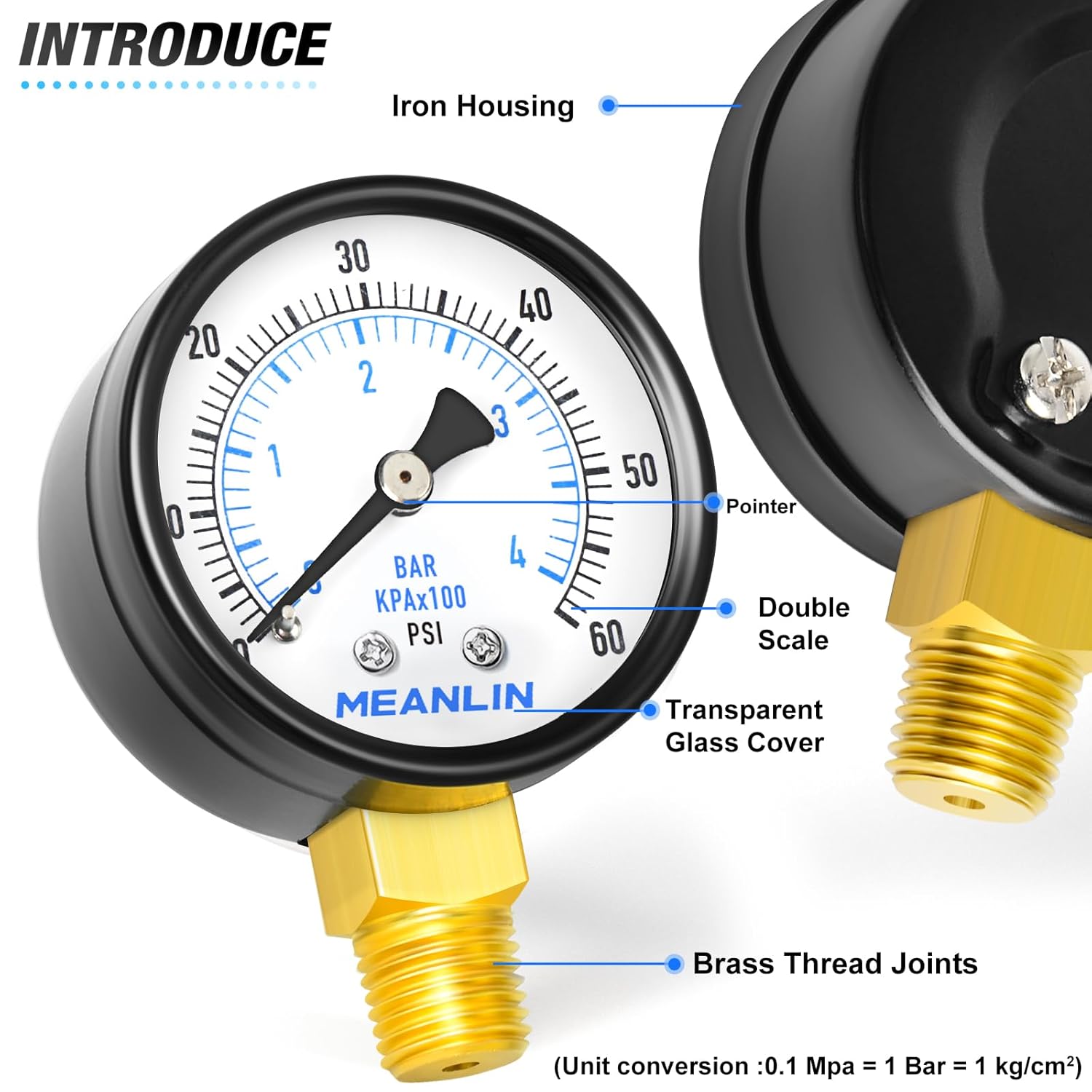 MEANLIN MEASURE 1/4" NPT 0-60Psi 2" Dial Face Well Pump Pressure Gauge, Lower Mount, Suitable for Water, Oil, Air Pressure Testing - Image 4