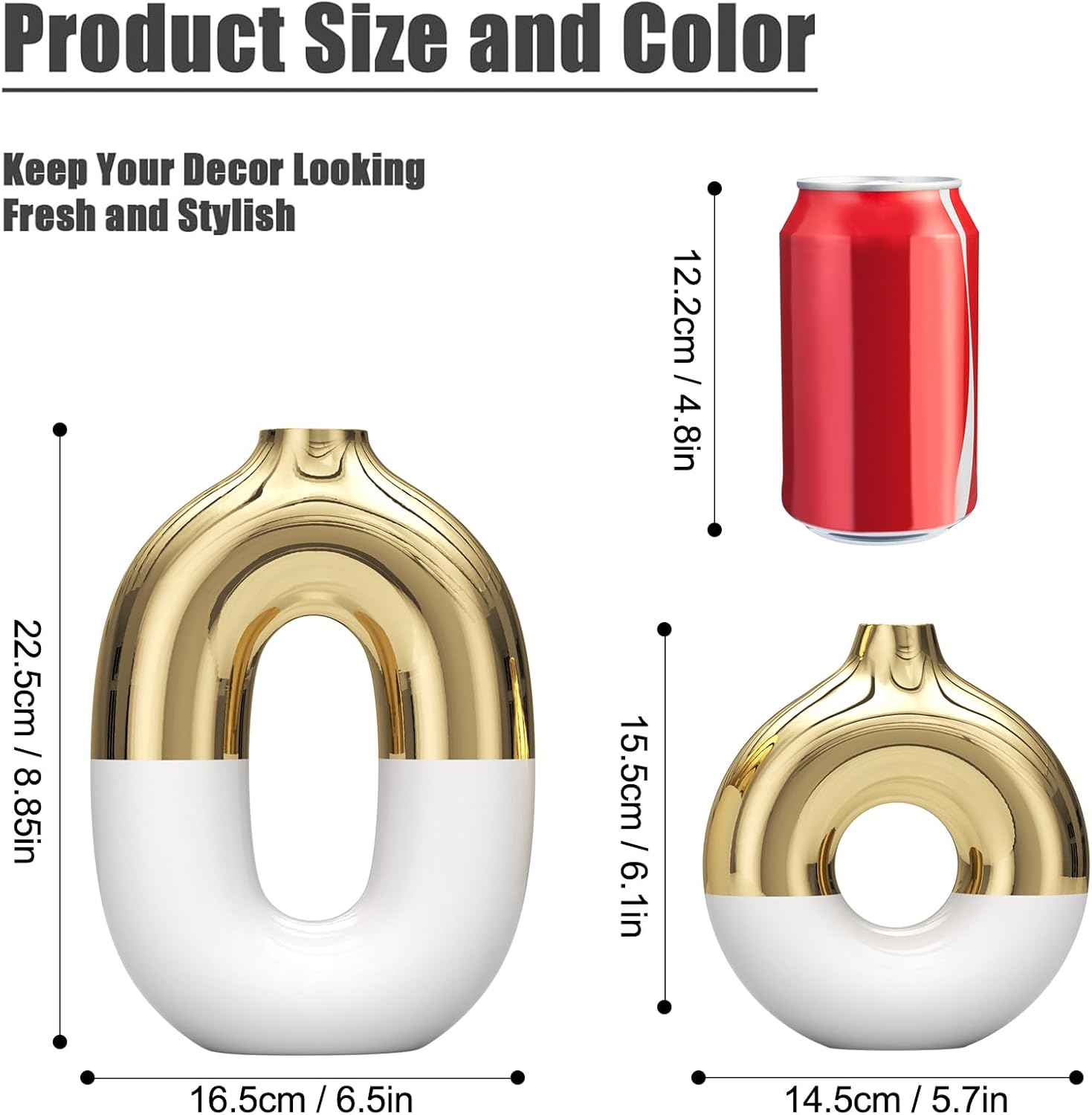 White and Gold Ceramic Vase Home Decor,Mid Century Modern Centerpiece Table Decorations,Oval and Round Flower vases with Hole for Pampas Grass,Bookshelf,Fireplace Mantle,Farmhouse,Rustic Décor - Image 2