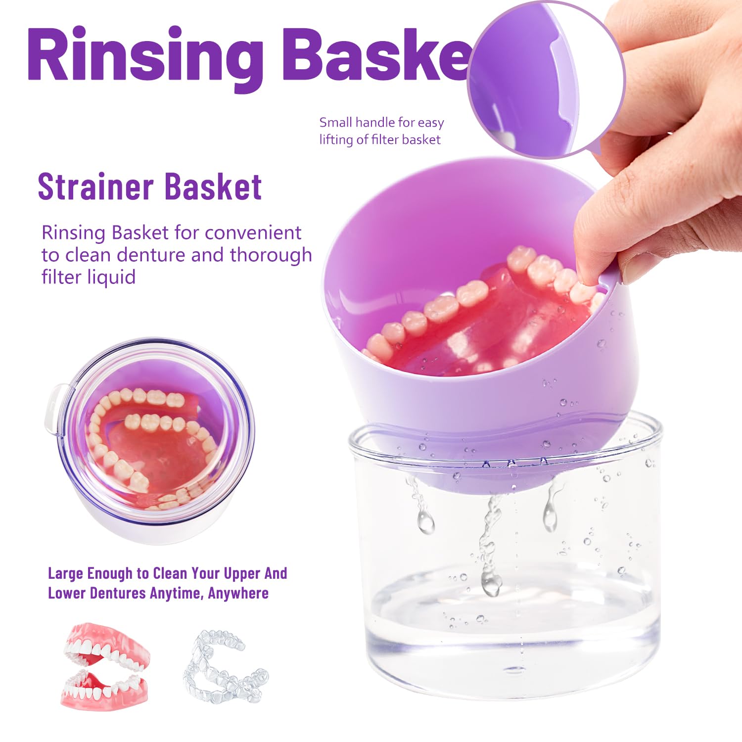 Denture Case, Leak Proof Denture Bath Cup, Full & Partial Denture Clean Holder Box with Strainer, Denture Brush, Denture Soaking Container Cups for Dentures, Retainers, Mouth Guard Case (Purple) - Image 3