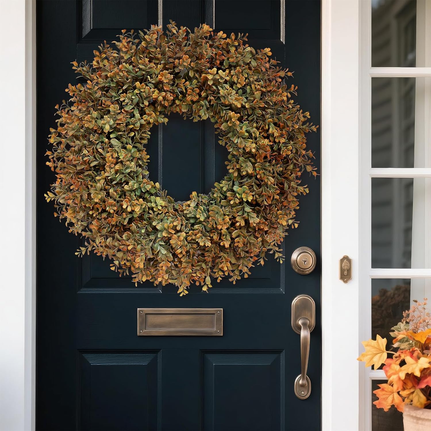 26'' Large Fall Wreath for Front Door, Porch, Window- Artificial Boxwood Leaves Outdoor Autumn Wreath for Home, Farmhouse Wall Thanksgiving Day Harvest Festival Decor - Image 4