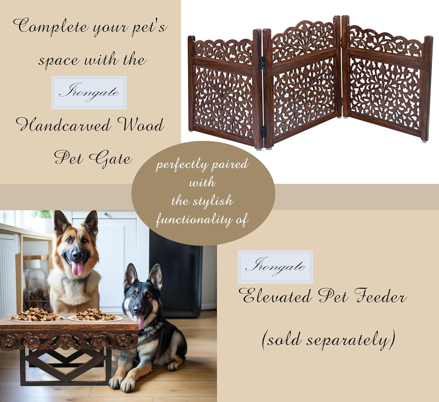 Wooden Foldable Pet Dog Safety Gate - 3 Panel 20" W x 24" H - Hand Carved Mahanadi Free Standing Portable Indoor Puppy Gate - Doorway Hall Stairs Dog Fence - Assembled - Brown - IRONGATE - Image 7