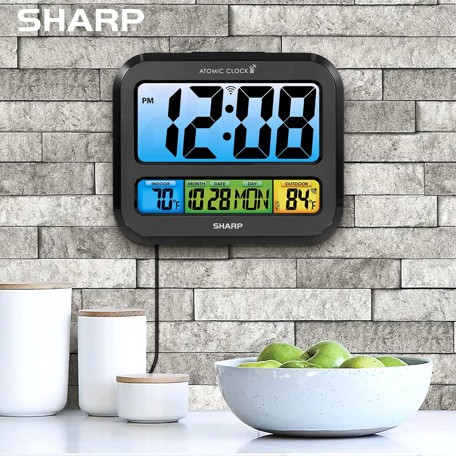 Sharp Atomic Clock with Bright Color Display, Atomic Accuracy, Jumbo 3" Easy to Read Numbers - Indoor/Outdoor Temperature Display with Wireless Outdoor Sensor - Image 7