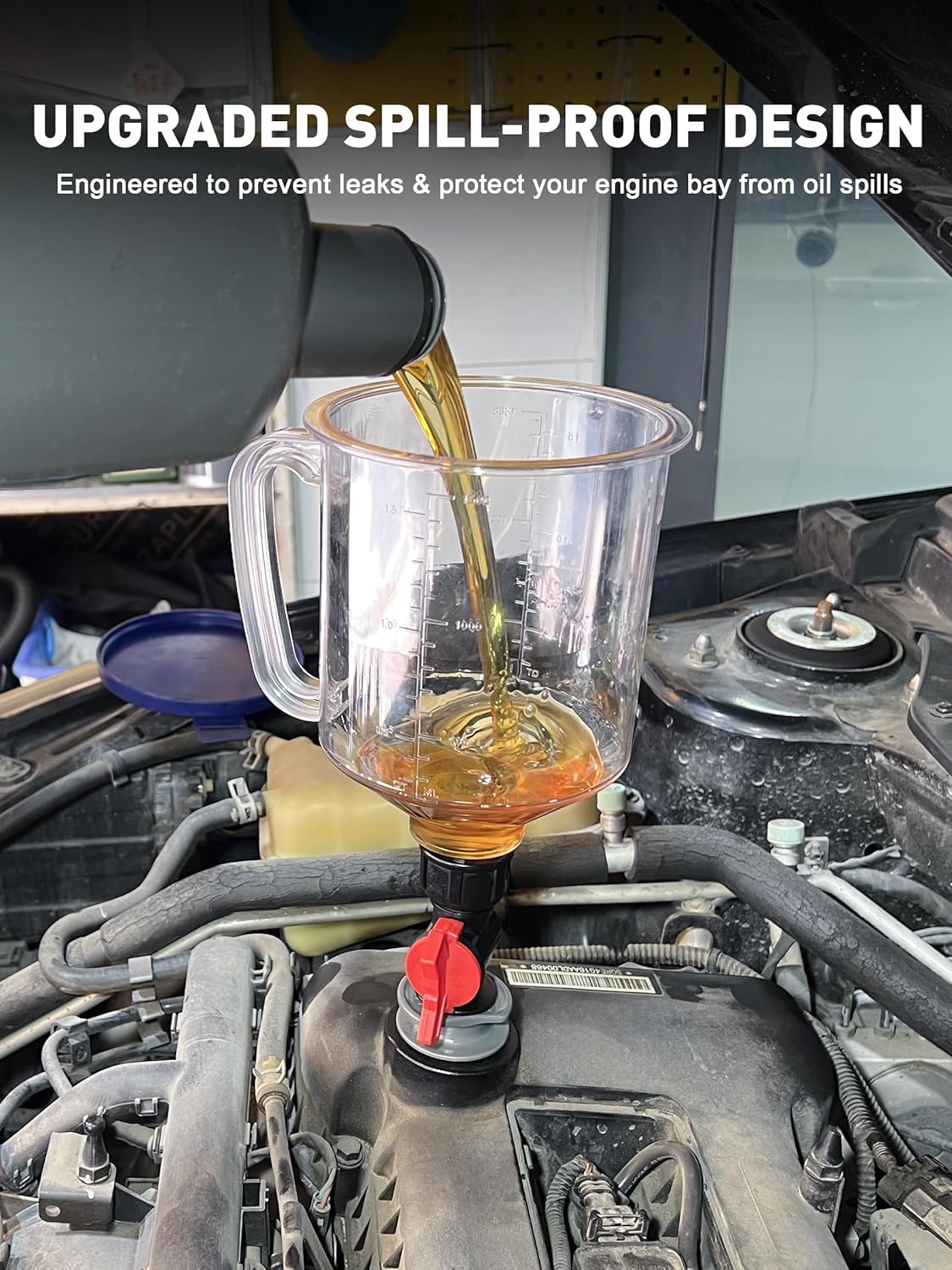 SMART JERRY - Spill-Proof Engine Oil Funnel Kit|Oil Change Funnel w/ 12 Adapters & 2 Magnetic Adapter Organizer Boards|Transparent Body w/Scale & Shut-Off Valve|Universal Fit - Image 7