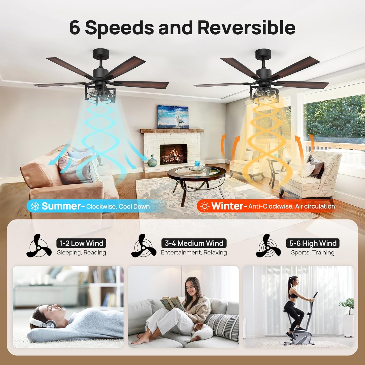Consciot 52 Inch Ceiling Fans With Lights Remote, Modern Farmhouse Caged Ceiling Fan, Reversible Motor, 5 Double Finish Wood Blades, Rustic Ceiling Fan For Porch, Living Rooms, Bedroom, Hunter Black - Image 3
