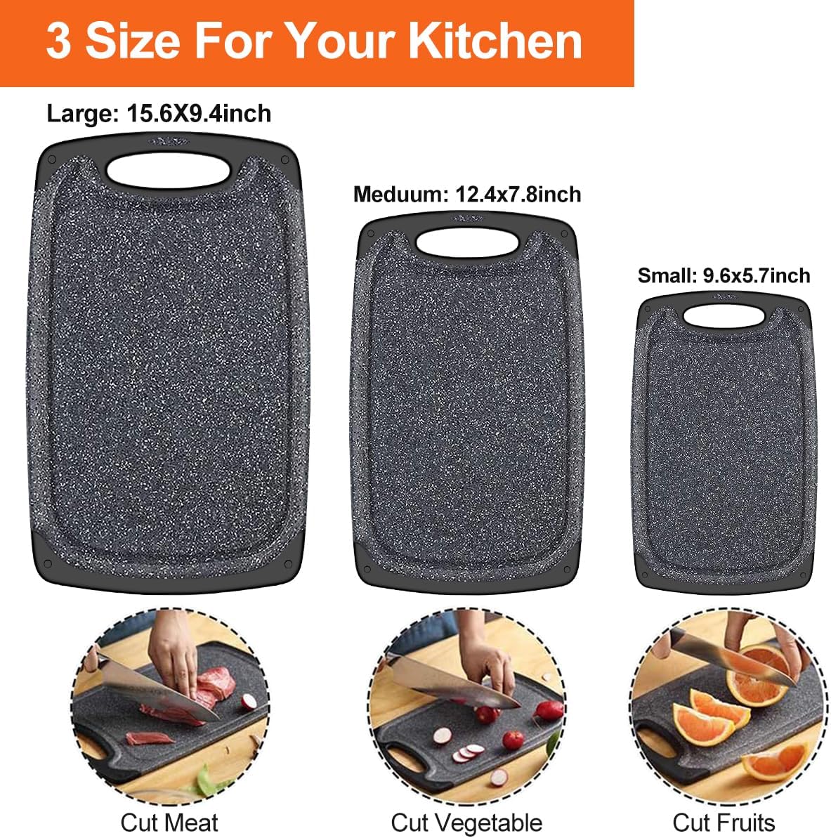 KIMIUP Kitchen Cutting Board (Set of 3),Professional Chopping Boards Sets,Dishwasher Safe Cutting Boards With Juice Grooves & Carrying Handle & No BPA - Image 2
