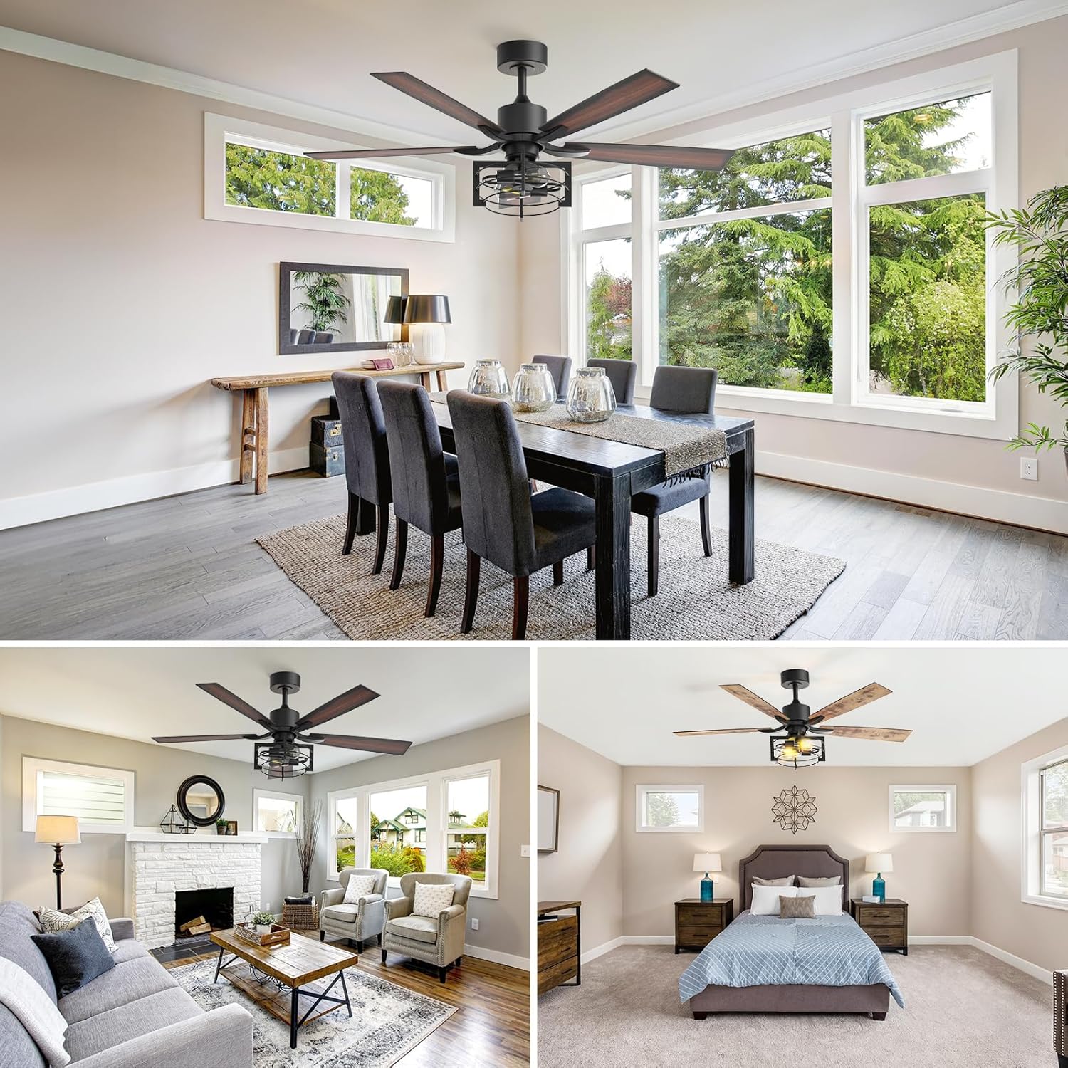 Consciot 52 Inch Ceiling Fans With Lights Remote, Modern Farmhouse Caged Ceiling Fan, Reversible Motor, 5 Double Finish Wood Blades, Rustic Ceiling Fan For Porch, Living Rooms, Bedroom, Hunter Black - Image 6