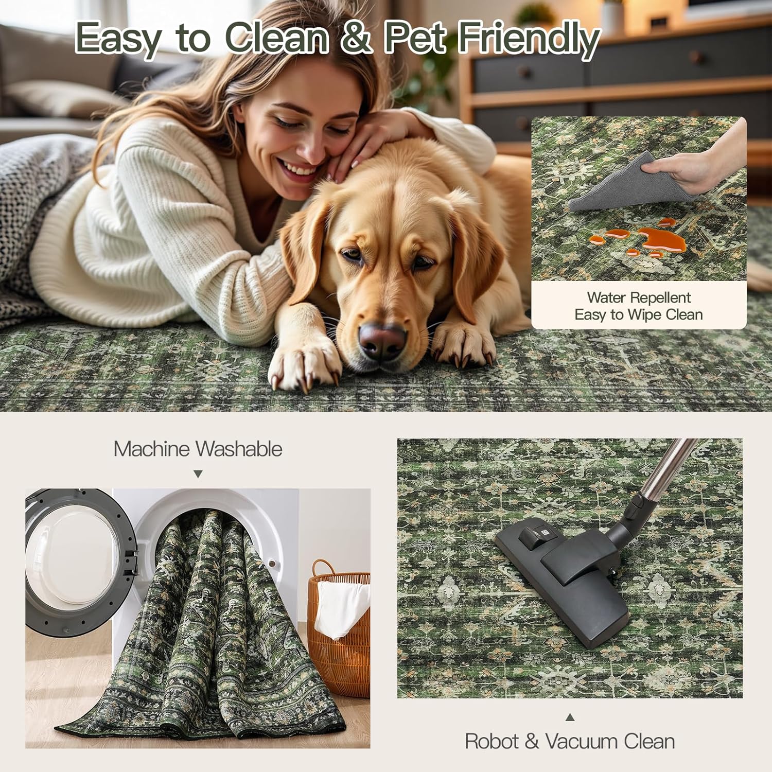 Lofus 8x10 Area Rug for Living Room,Green Washable Large Rugs with Non-Slip Backing,Soft Boho Carpets for Bedroom Dining Room Home Office Indoor Nursery - Image 4