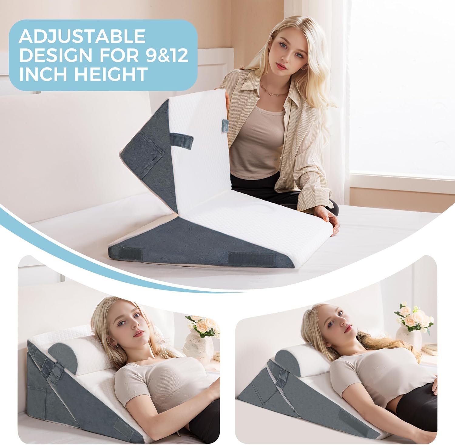 Ganondorf 3PCS Wedge Pillow Headboard Orthopedic Bed Wedge Pillows Set for Sleeping 9&12&22" Adjustable Premium Foam Elevated Triangle Body Pillow for Bed Sitting Up - Image 3