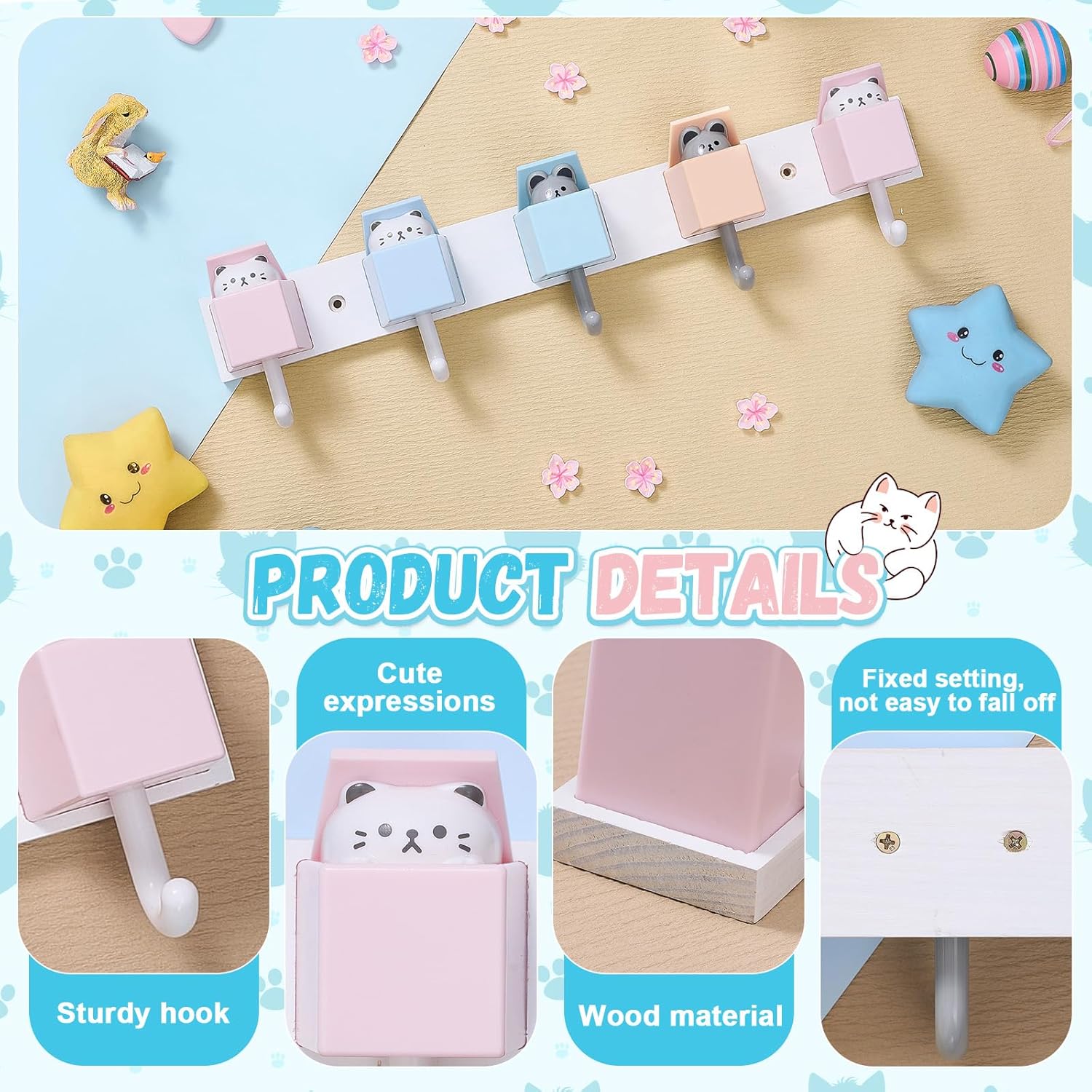 Maitys 2 Pcs Kids Coat Rack Wall Mount Kids Wall Hooks Rainbow Coat Rack Hooks for Boys Girls Toddler Cute Bathroom Decor Colorful Backpack Hanger Supplies for Clothes Hat Towel in Bedroom (Cat) - Image 3