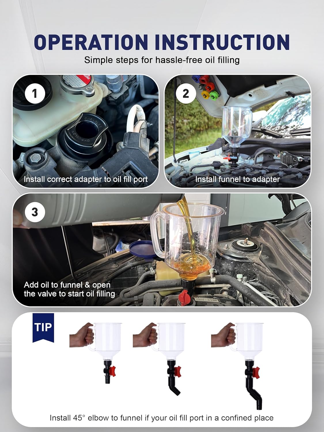 SMART JERRY - Spill-Proof Engine Oil Funnel Kit|Oil Change Funnel w/ 12 Adapters & 2 Magnetic Adapter Organizer Boards|Transparent Body w/Scale & Shut-Off Valve|Universal Fit - Image 6