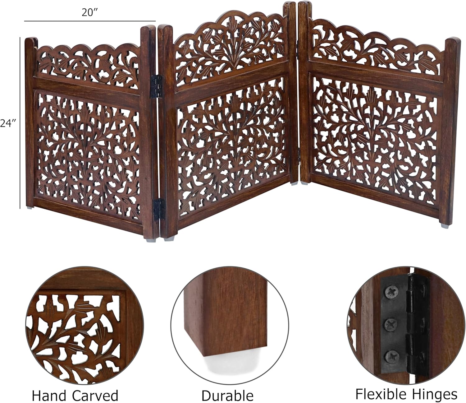 Wooden Foldable Pet Dog Safety Gate - 3 Panel 20" W x 24" H - Hand Carved Mahanadi Free Standing Portable Indoor Puppy Gate - Doorway Hall Stairs Dog Fence - Assembled - Brown - IRONGATE - Image 3
