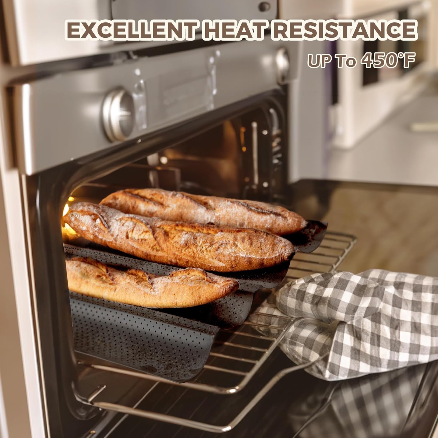 KITESSENSU Nonstick Baguette Pans for French Bread Baking, Perforated 2 Loaves Baguettes Bakery Tray, 15" x 6.3", Silver - Image 5