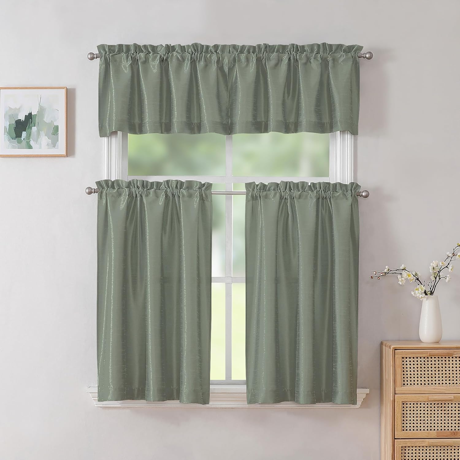 Chyhomenyc Uptown 2PCS Sage Green Kitchen Tier Curtains 36 inch Length, Faux Silk Room Darkening Soft Lightweight Short Cafe Curtains for Farmhouse Bathroom Bedroom Small Windows, Each 30Wx36L inch - Image 2