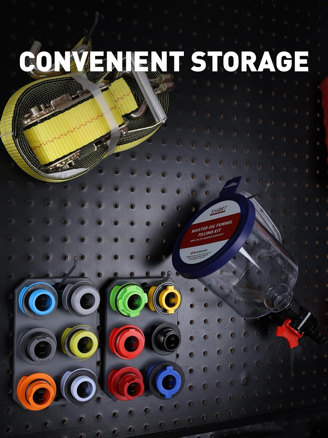 SMART JERRY - Spill-Proof Engine Oil Funnel Kit|Oil Change Funnel w/ 12 Adapters & 2 Magnetic Adapter Organizer Boards|Transparent Body w/Scale & Shut-Off Valve|Universal Fit - Image 9