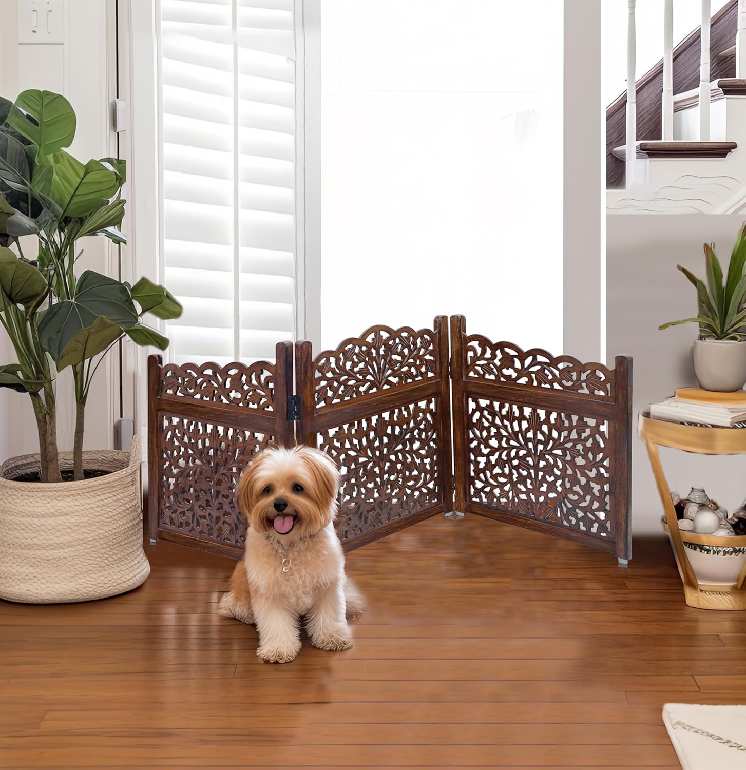 Wooden Foldable Pet Dog Safety Gate - 3 Panel 20" W x 24" H - Hand Carved Mahanadi Free Standing Portable Indoor Puppy Gate - Doorway Hall Stairs Dog Fence - Assembled - Brown - IRONGATE - Image 2