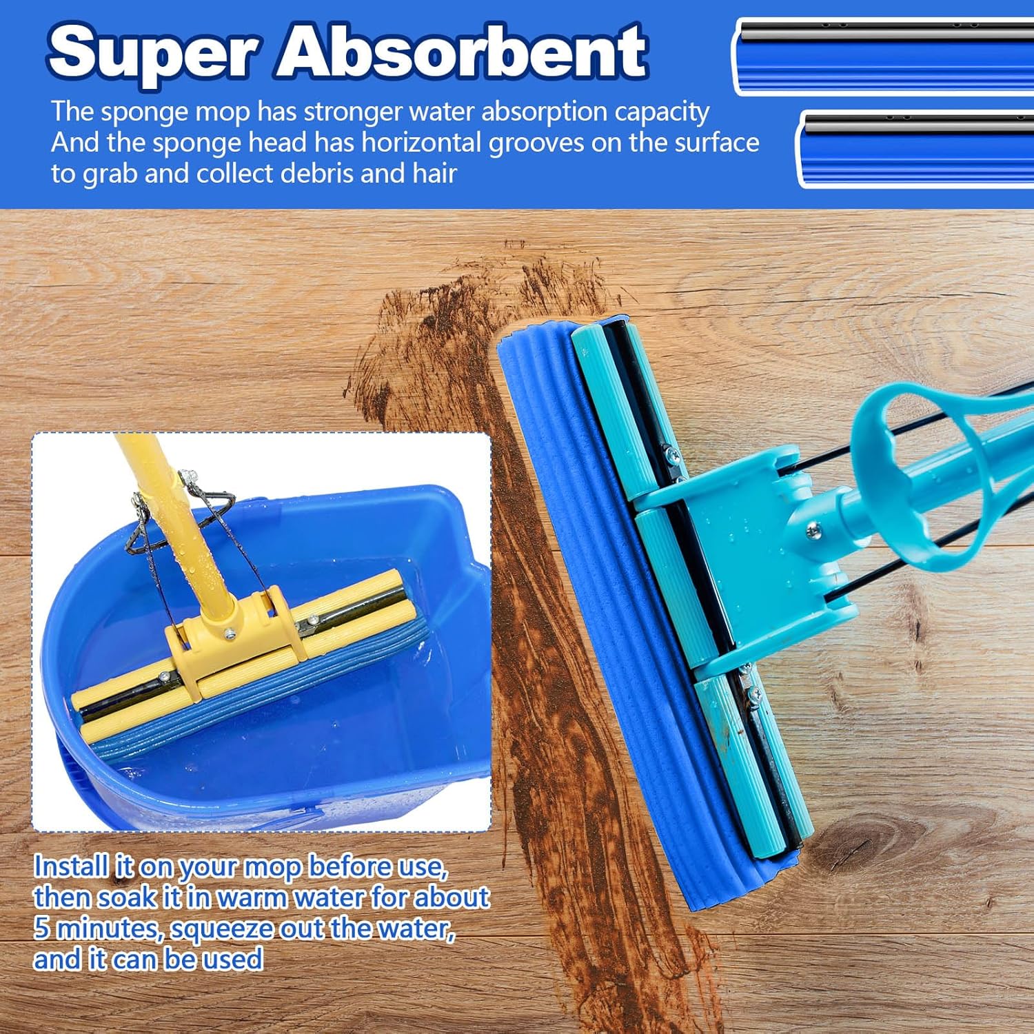 Willinglong 10 Pcs Roller Mop Refill Bulk Absorbent PVA Sponge Mop Head Replacement for Home Bathroom Business Garage Kitchen Cleaning (Blue) - Image 4