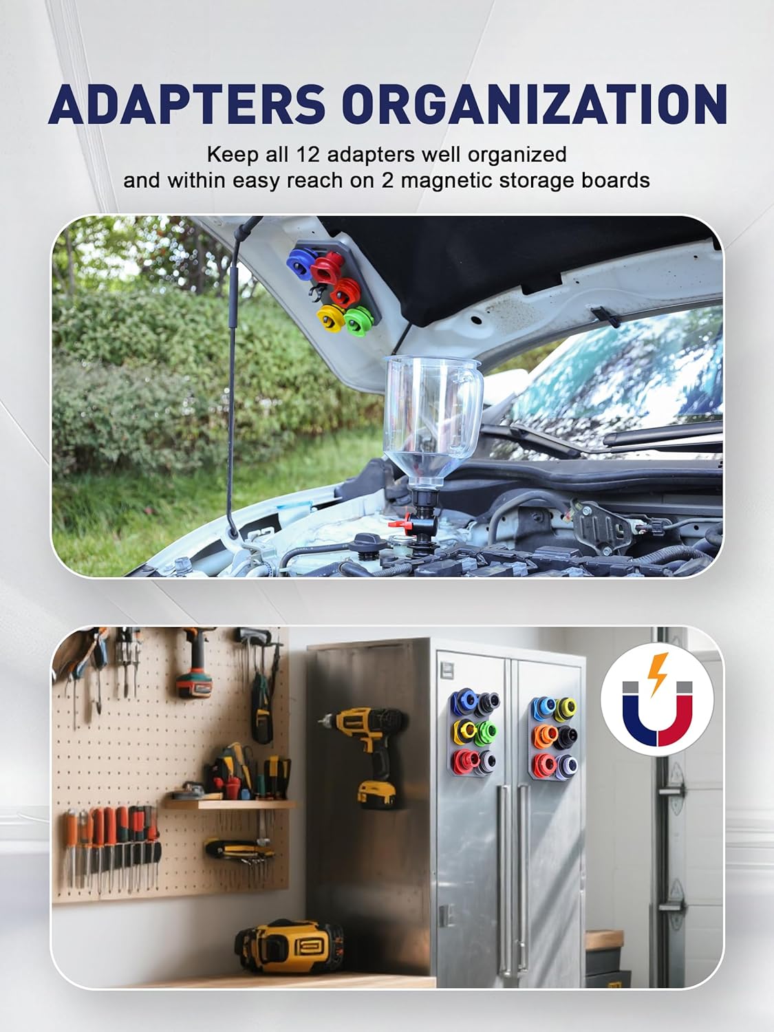 SMART JERRY - Spill-Proof Engine Oil Funnel Kit|Oil Change Funnel w/ 12 Adapters & 2 Magnetic Adapter Organizer Boards|Transparent Body w/Scale & Shut-Off Valve|Universal Fit - Image 4