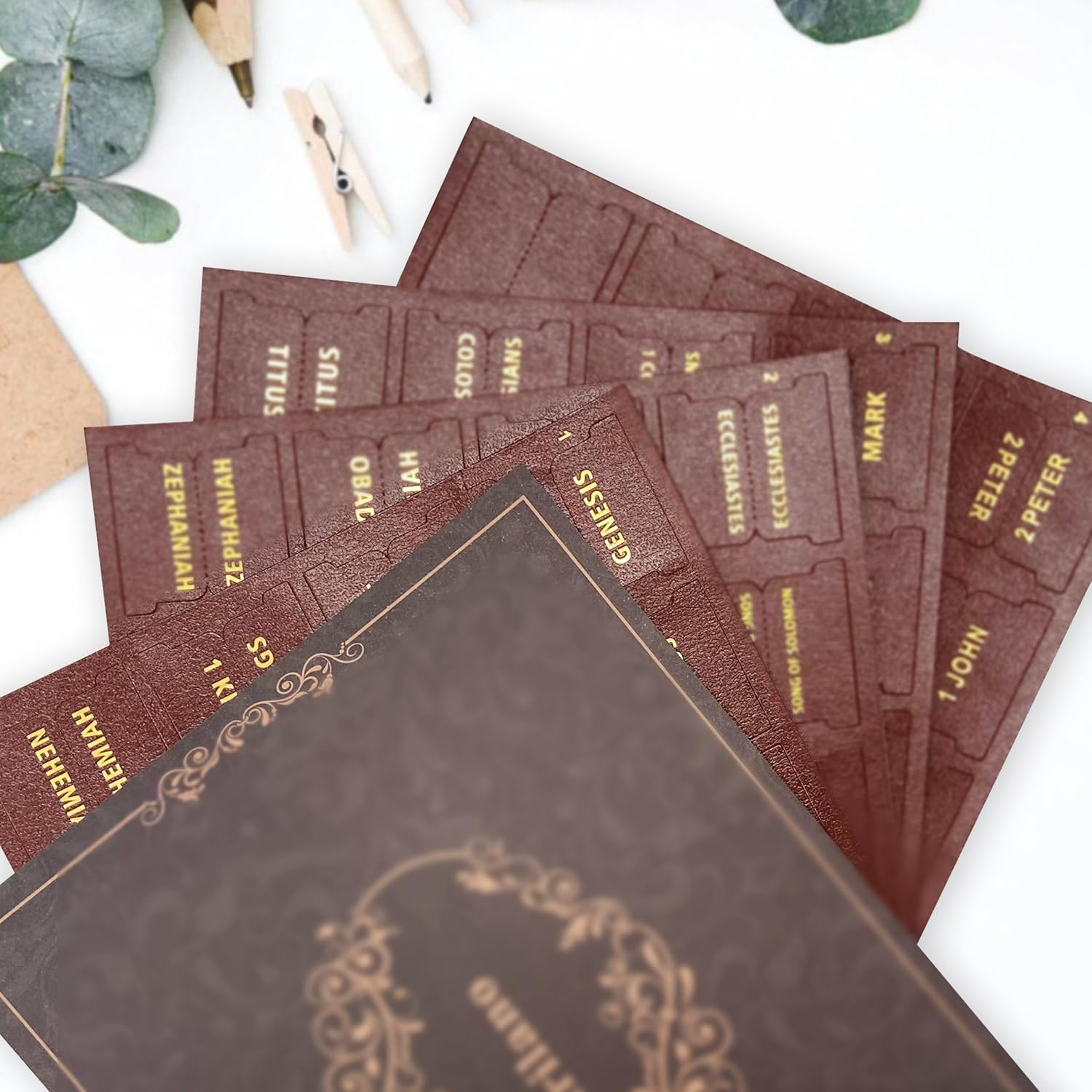 Bible Tabs for Women Men - 80 Large Gold Foil Laminated Leather Paper Bible Study Journaling Supplies, 66 Old New Testament + 14 Blank Self-Stick Index Tabs Easy to Navigate (Brown) - Image 5