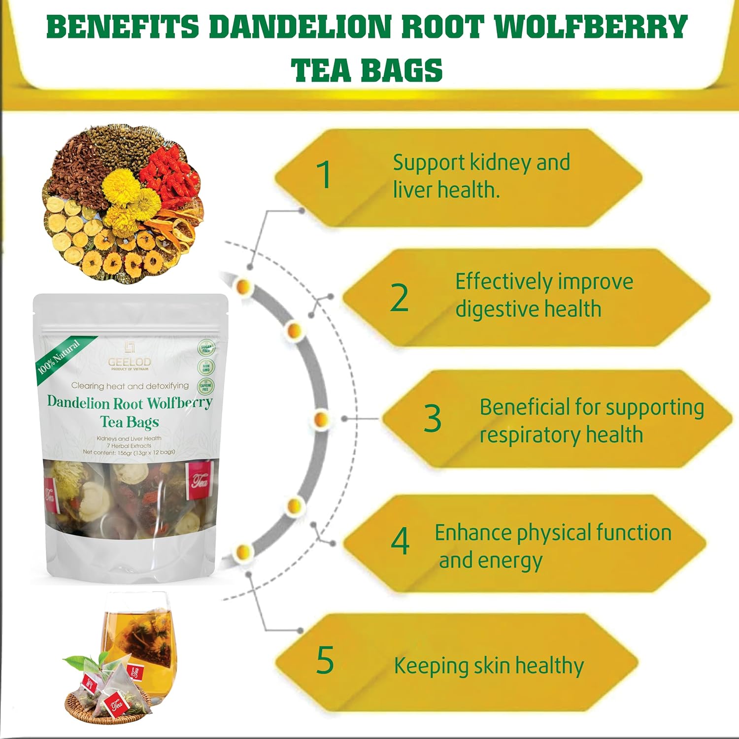 Premium Dandelion Root Wolfberry Tea Bags - Kidneys & Liver Health Tea, Seven Vietnamese Herbal Ingredients Natural Blend Tea bags (13gr x12bags) - Image 3