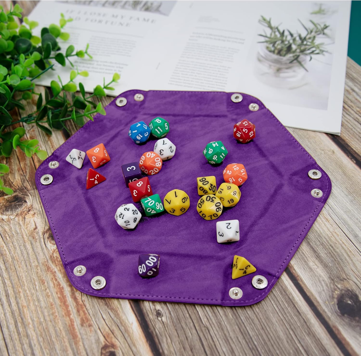 SIQUK 2 Pieces Dice Tray PU Leather Dice Trays Portable Folding Hexagon Dice Roller Tray for Dice Games Like RPG, DND and Other Table Games (Dark Green, Violet) - Image 4