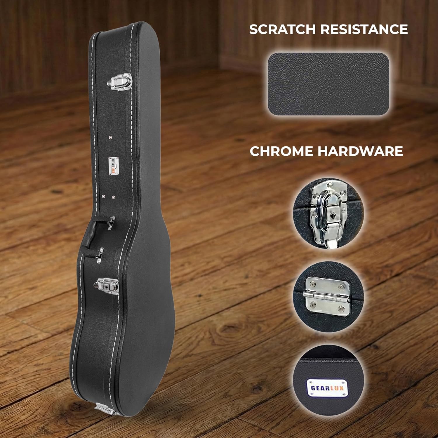 Gearlux Dreadnought Acoustic Guitar Hardshell Case with Accessory Compartment - Black - Image 6