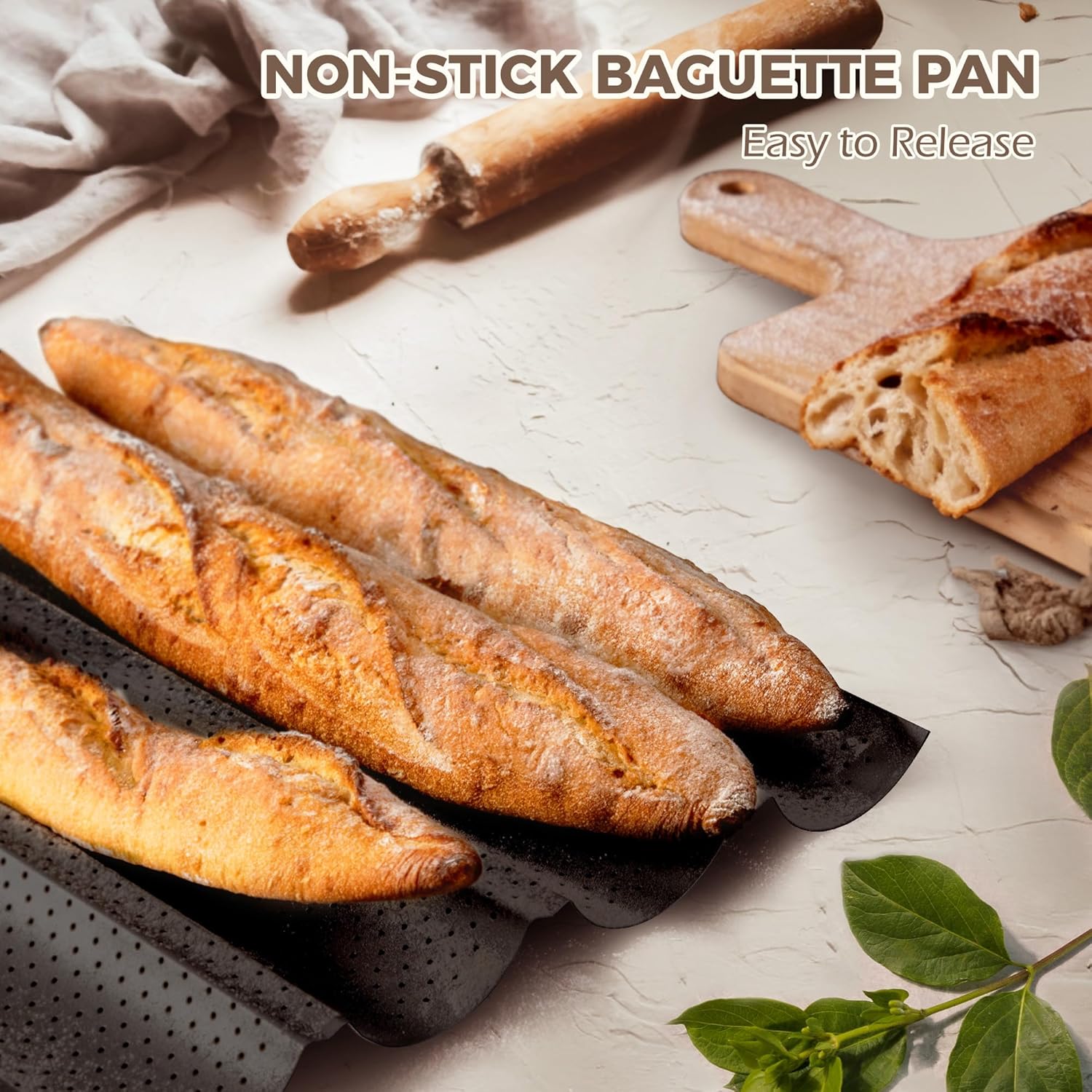 KITESSENSU Nonstick Baguette Pans for French Bread Baking, Perforated 2 Loaves Baguettes Bakery Tray, 15" x 6.3", Silver - Image 2