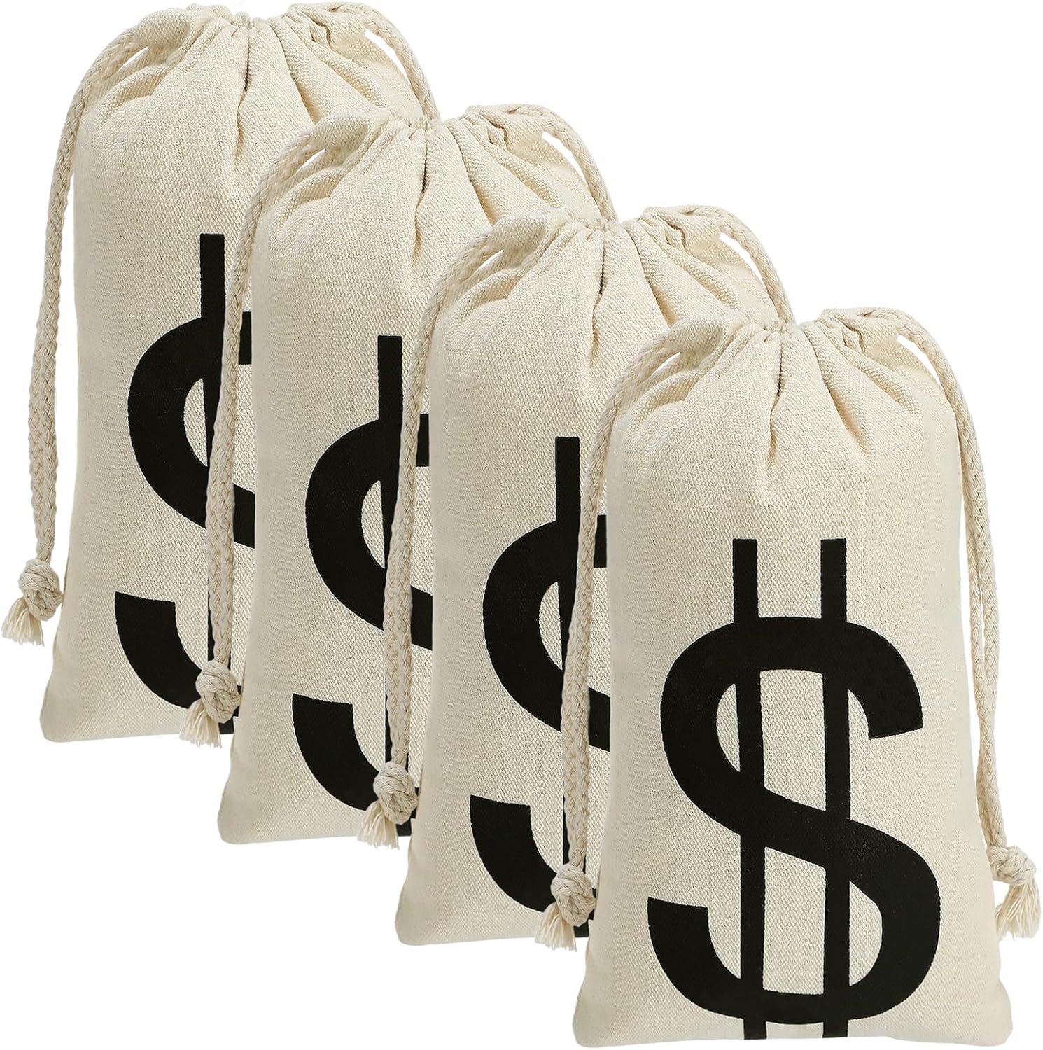4pcs 7x13.8 Inches Canvas Money Bags - Costume Money Bag Prop with Dollar Sign, Money Sacks for Halloween Bank Robber Pirate Cowboy Cosplay Theme Party