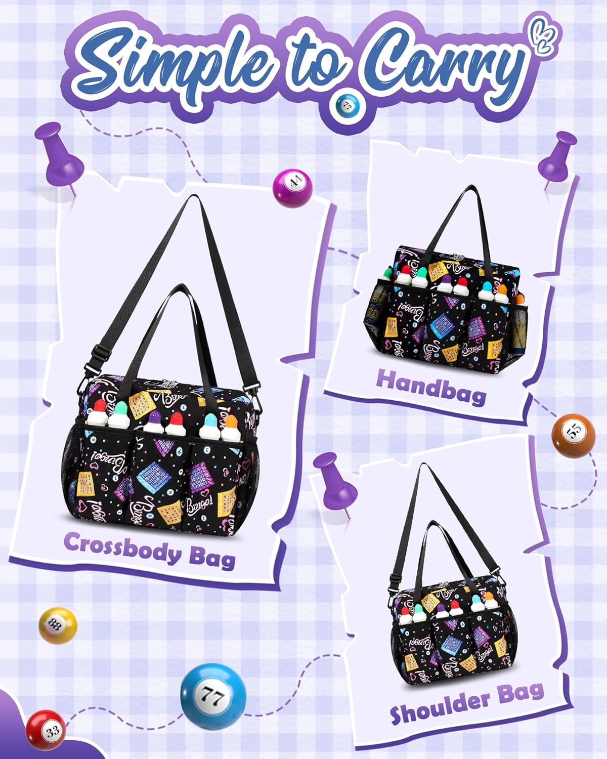 FOKDUVB Bingo Bag with Pockets for Daubers Dabbers Dobbers Dotters Casino Bingo Game Accessories for Adults Seniors Black - Image 3