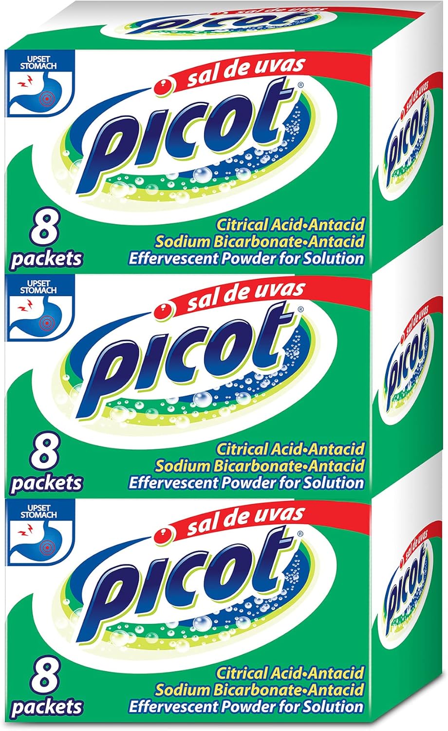 Sal de Uvas Picot, Effervescent Powder Solution, Antacid, 0.17 Oz, 3-Pack of 8 Packets, 3 Boxes.