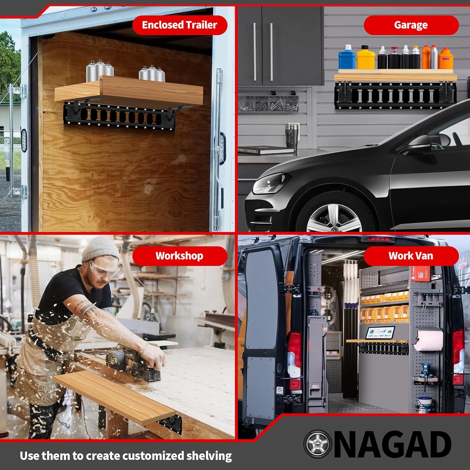 E Track Fixed Shelf Brackets 8 inch 2 Pcs Upgraded Black Heavy Duty Metal DIY E-Track L Shaped Shelf Bracket Etrack Accessories for Shelves in Garage, Enclosed Trailer, Van, Truck, Warehouse, Workshop - Image 3