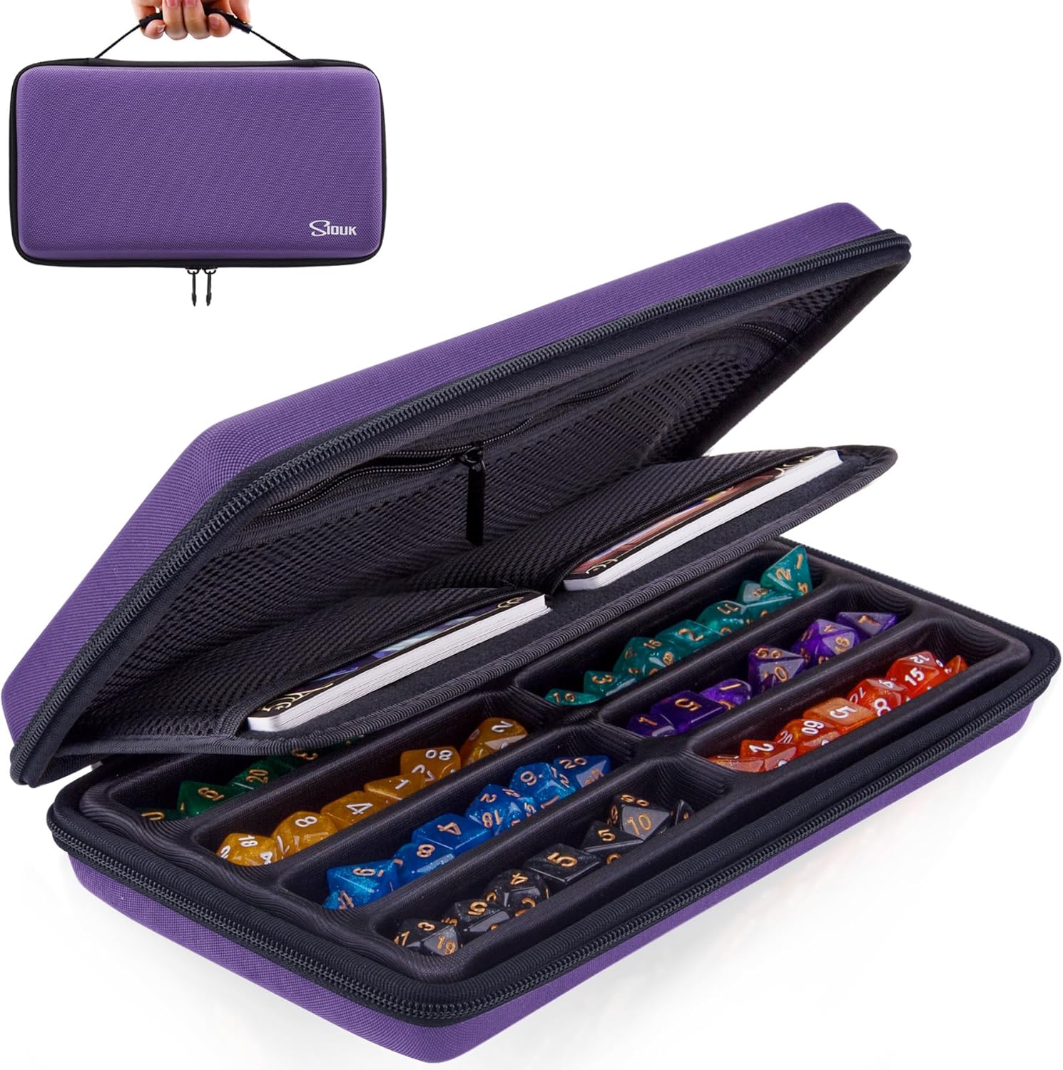 SIQUK Dice Case DND Dice Box Dice Storage Case Dice Organizer Holder with Handle Removable Slotted Tray Holds 8 Sets DND Dice for Dungeons & Dragons and Other RPG Table Games, Pure Violet