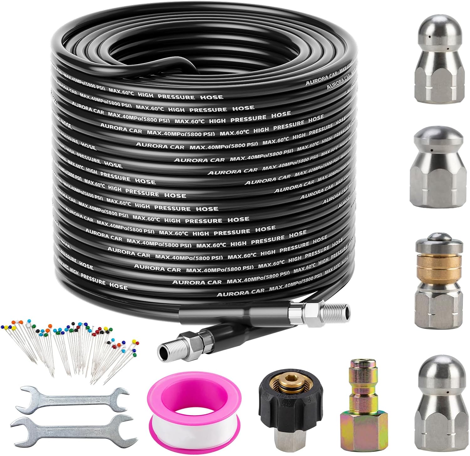 Sewer Jetter Kit for Pressure Washer 100FT,Drain Cleaner Hose 1/4 Inch NPT Corner, Rotating and Button Nose Sewer Jetting Nozzle Kit Waterproof Tape Pearl Corsage Pin and Spanners,5800PSI