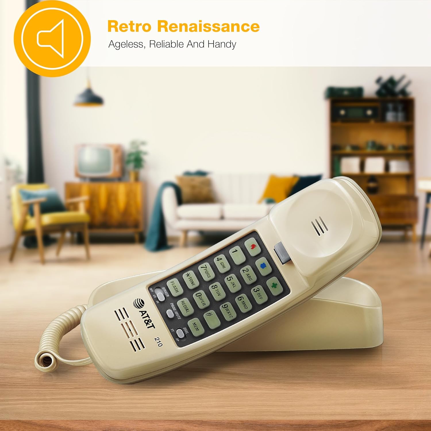 AT&T TRIMLINE 210 Corded Home Phone, No AC Power Required, Improved Easy-Wall-Mount, Lighted Big Button Keypad, 13 SpeedDial Keys, Last Number Redial, Mute, Flash, Volume Control, Beige - Image 2