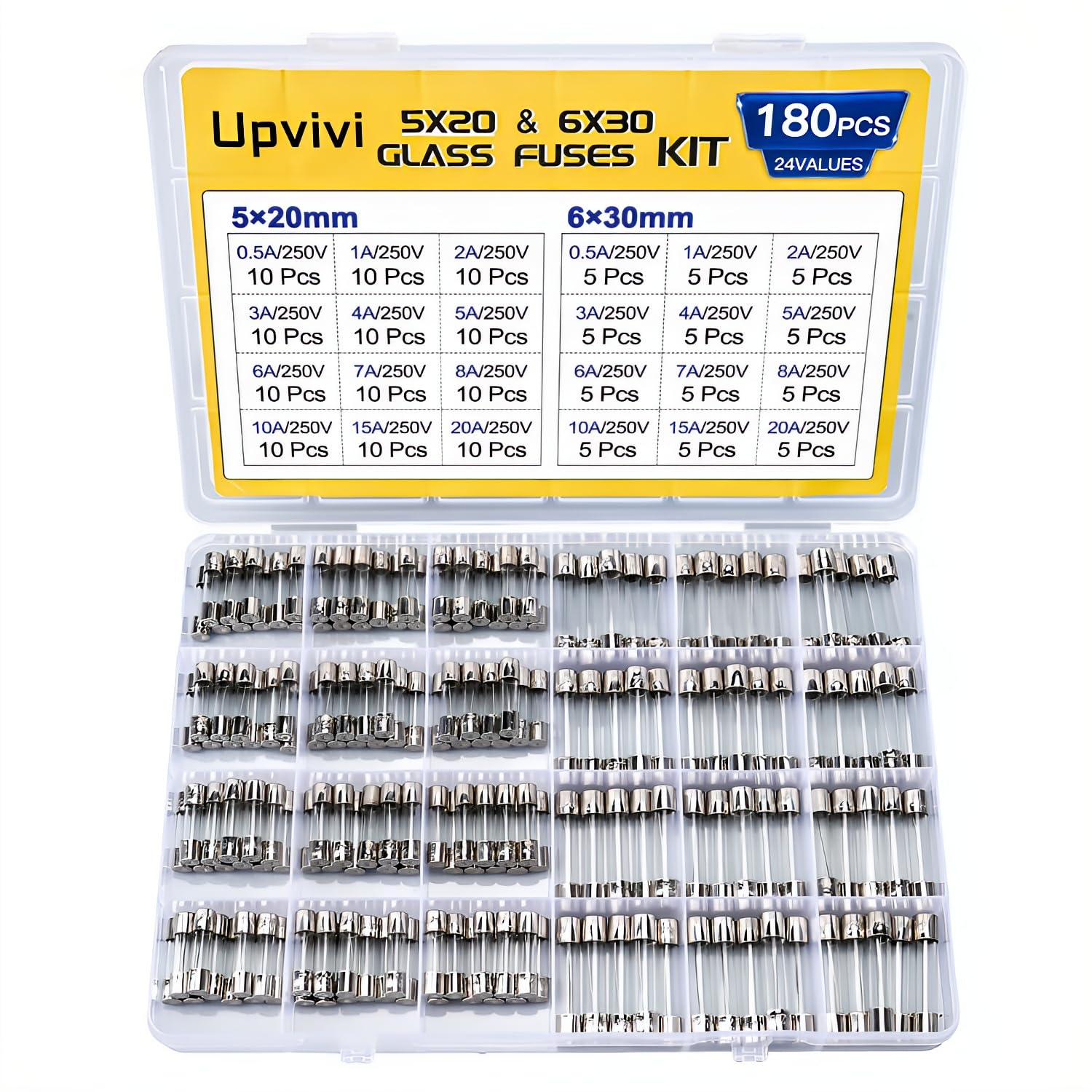 Fast Blow Glass Fuse Assortment Kit, 24 Values Glass Fuses 250V 5x20mm 0.5A 1A 2A 3A 4A 5A 6A 7A 8A 10A 15A 20A, 6x30mm 0.5A 1A 2A 3A 4A 5A 6A 7A 8A 10A 15A 20A Tube Fuses