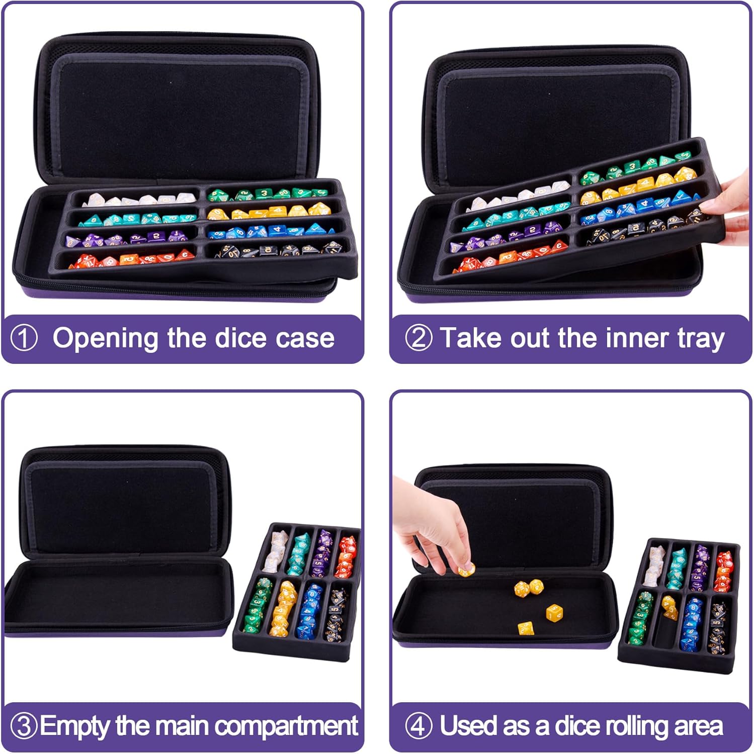 SIQUK Dice Case DND Dice Box Dice Storage Case Dice Organizer Holder with Handle Removable Slotted Tray Holds 8 Sets DND Dice for Dungeons & Dragons and Other RPG Table Games, Pure Violet - Image 5