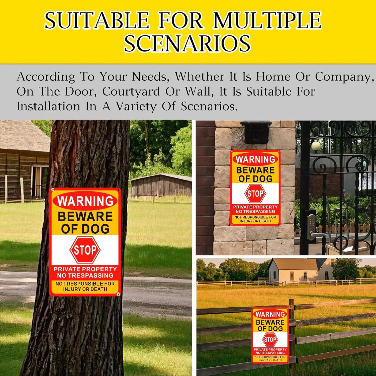 3 Pack Beware Of Dog Sign,8x12 Inches, Reflective Film, Anti-Rust Aluminum Metal Logo, Private Property No Trespassing Sign, Suitable For Home Garden Garage Farm - Image 3