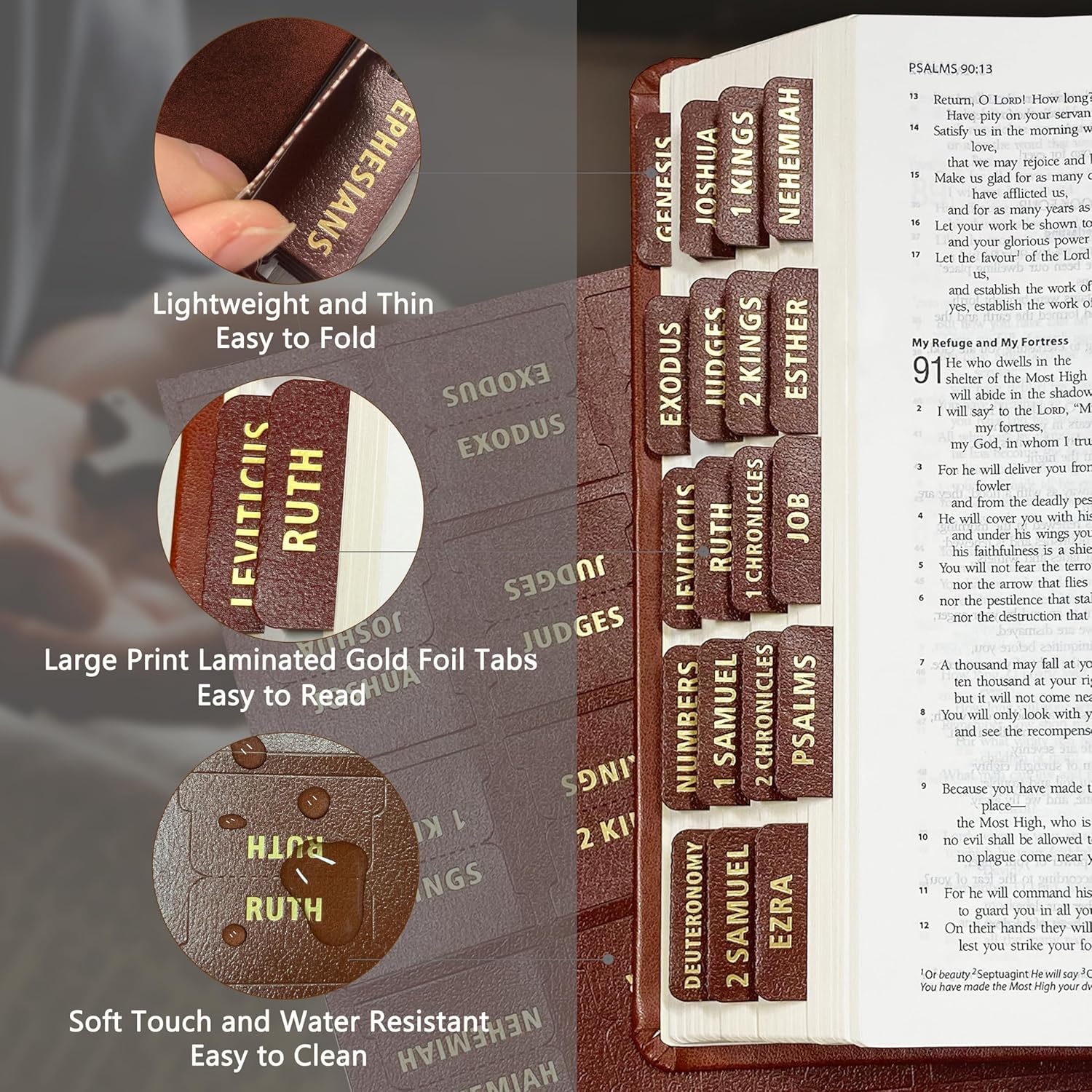 Bible Tabs for Women Men - 80 Large Gold Foil Laminated Leather Paper Bible Study Journaling Supplies, 66 Old New Testament + 14 Blank Self-Stick Index Tabs Easy to Navigate (Brown) - Image 2