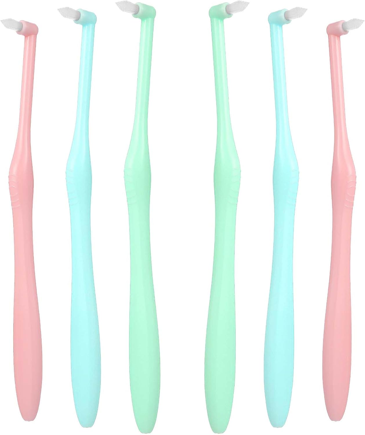 6 Pcs End Tuft Toothbrush, Small Round Head Braces Toothbrush, Individually Wrapped Small Toothbrushs for Gums, Fissures, Tooth Detail Cleaning (Pink, Green, Cyan)