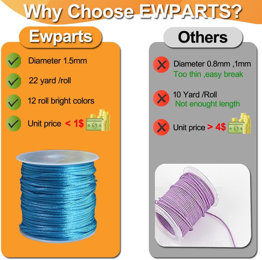 Ewparts 15 Rolls Satin Nylon String for Bracelets Making 1.5mm Satin Rattail Cord for Beading, Kumihimo,Necklace,Macrame Craft, Keychains Lanyards, Jewelry Making,Bracelet Silk String - Image 4