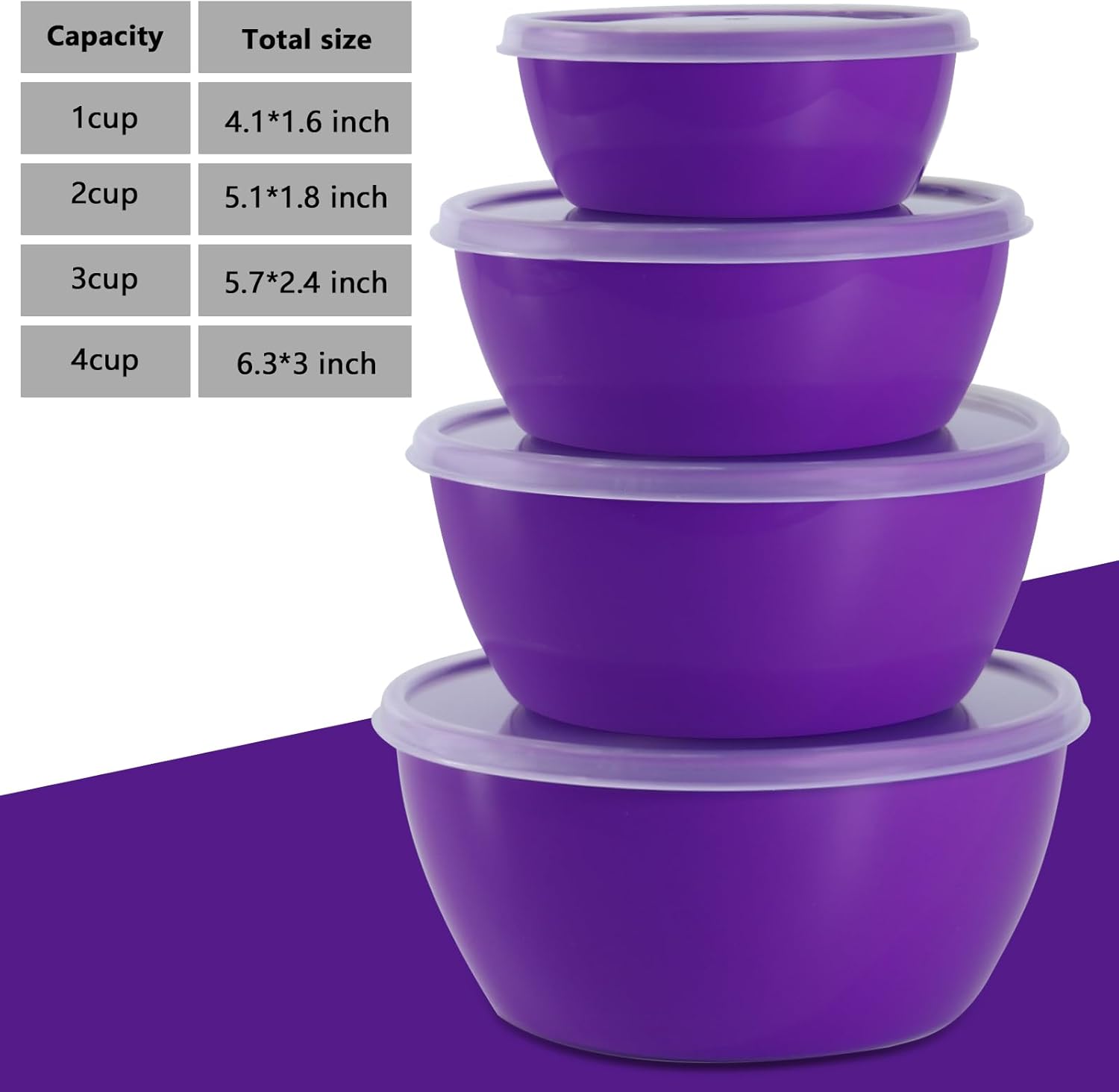 4-Piece Classic Plastic Prep Bowls with Lids, Nesting Plastic Small Mixing Bowl Set for Mixing, Baking, Prepping, Cooking and Serving Food, Microwave and Dishwasher Safe (Purple) - Image 2