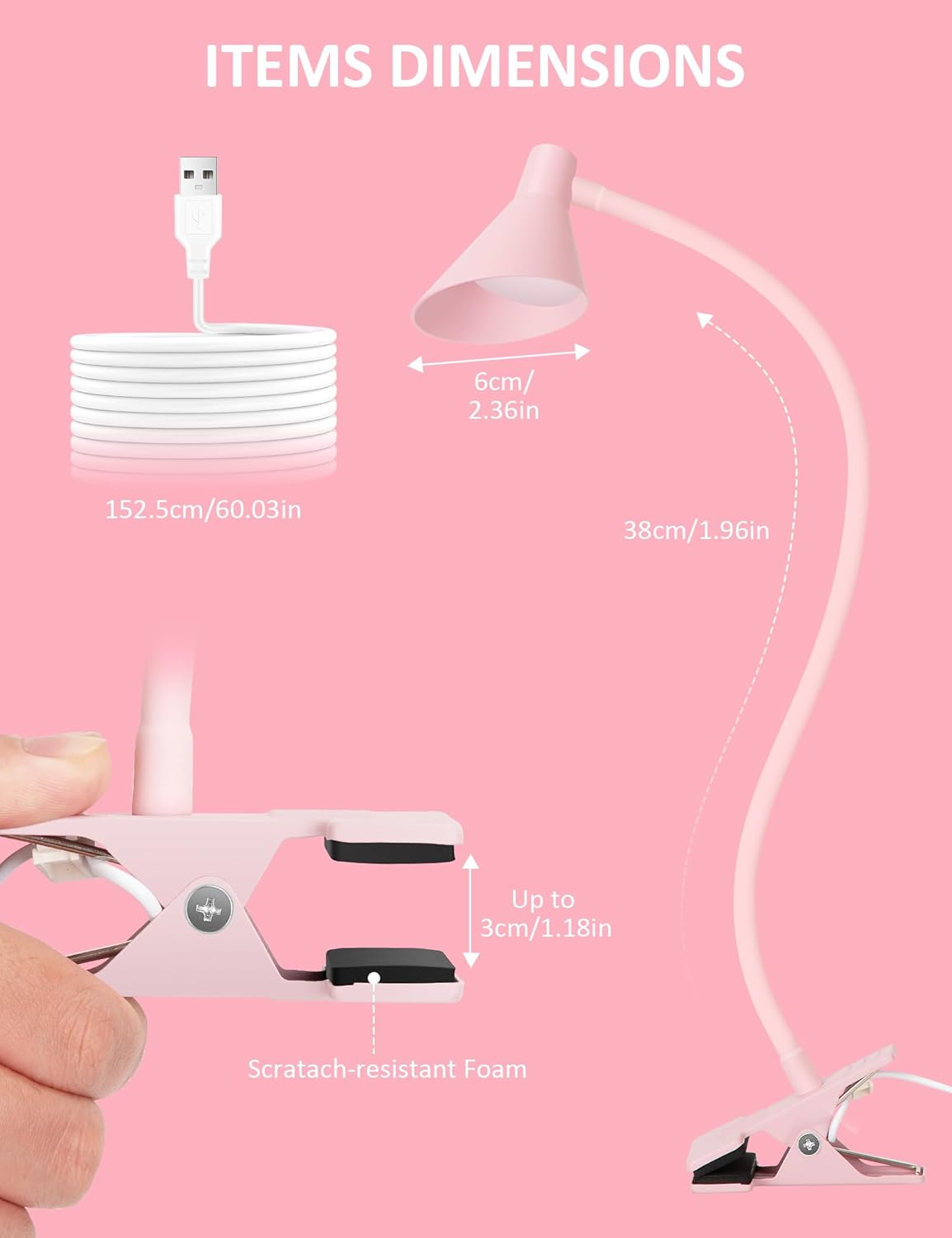 Pink Small Desk Lamp Clip on LED Reading Light for Bed, 3 Color Modes 10 Dimmable Brightness, Book in Bed Headboard, Flexible Neck Clamp BL08 - Image 5