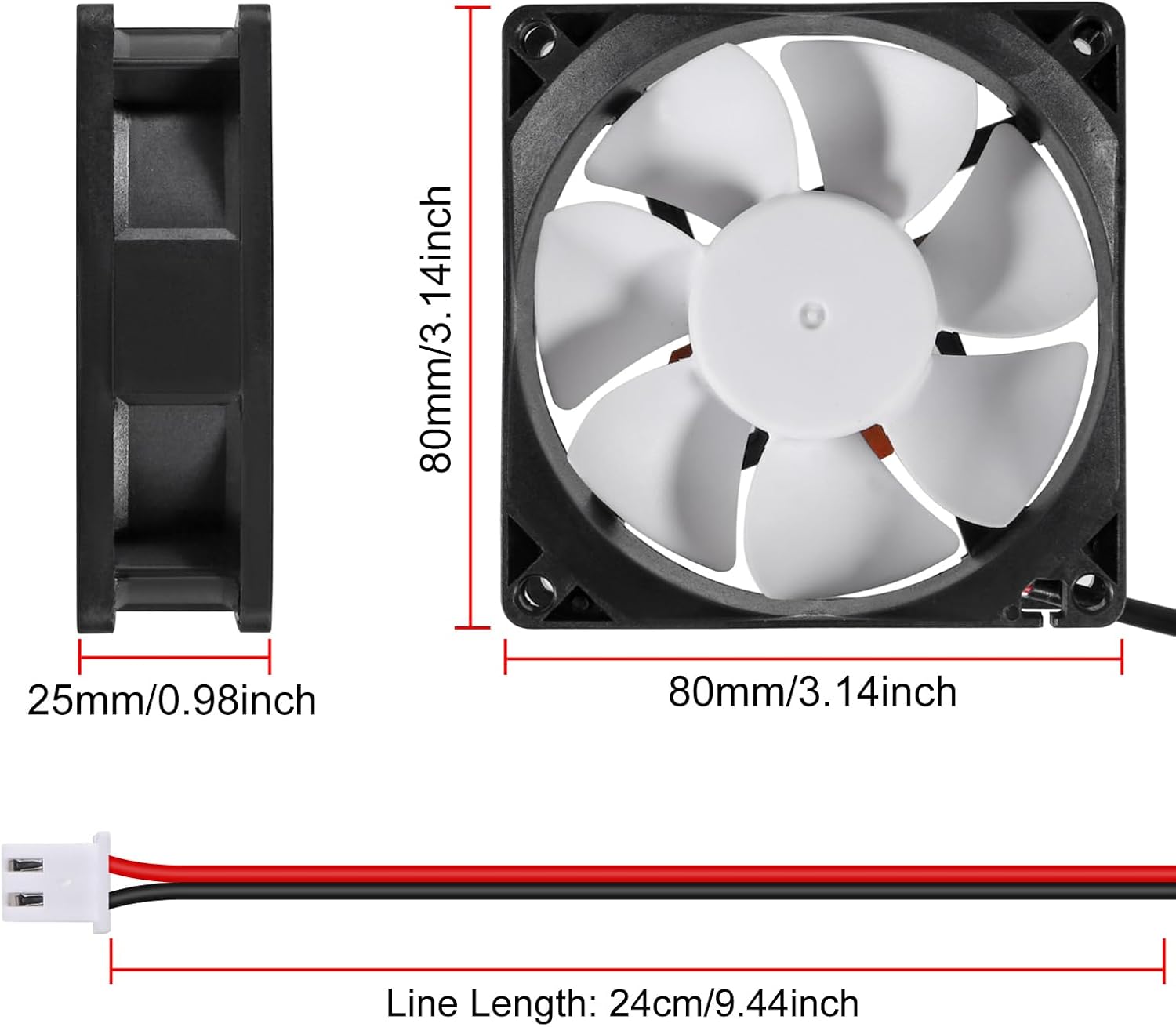 2Pcs 80mm/3.15inch for DC Fan 5V Computer Case Fan 80x80x25mm 2Pin 8025 Blue LED Power Cooling Fan DC Brushless Cooler Fan 8cm for PC Case CPU Brushless Axial Radiator Fan - Image 4