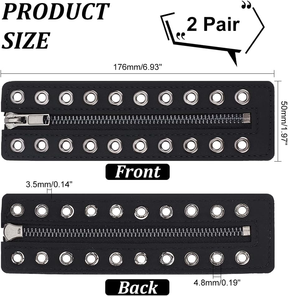 PH PandaHall 2 Pairs Leather Boot Zipper Inserts, 6.9 x 2 Inch Eyelets, 10 Holes No Tie Shoe Laces for Adults Men Women Tieless Sneakers Repair DIY Black - Image 2