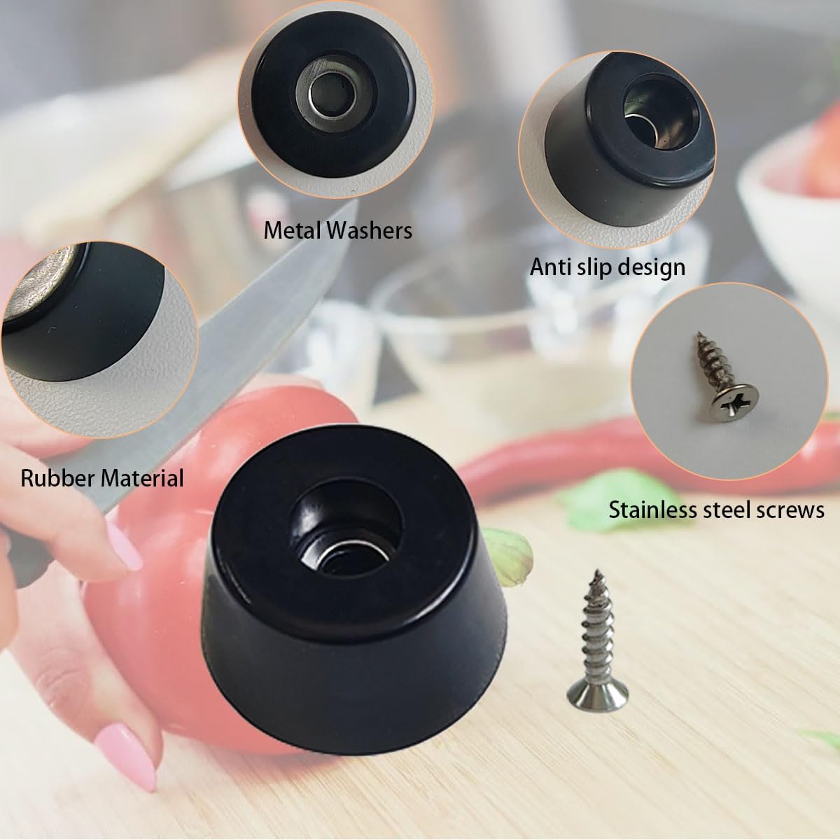 20 PCS Black Rubber Feet with Stainless Screws, Non Slip Rubber Bumper for Cutting Board (0.51" H x 1" D) - Image 4